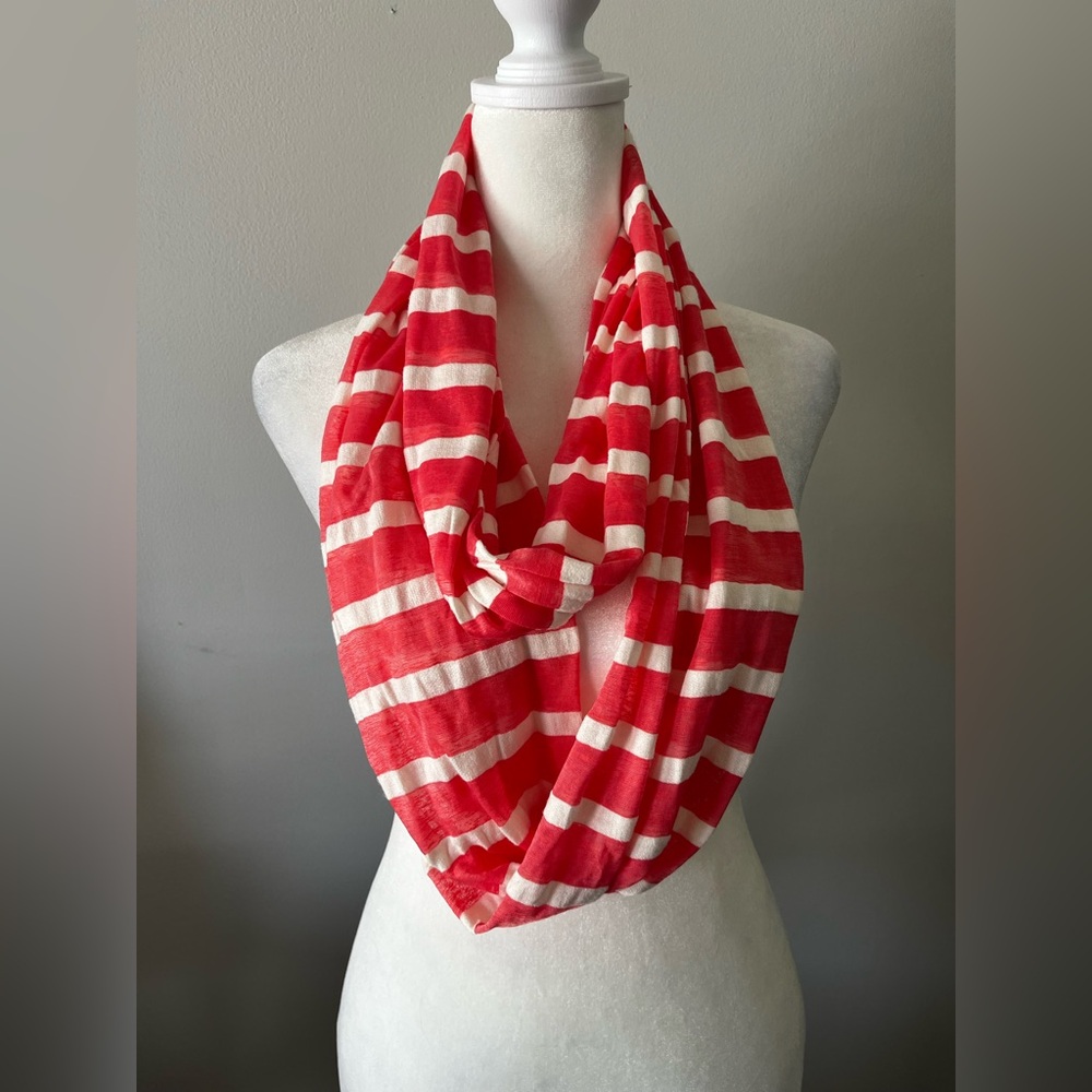 Coral and White Striped Infinity Scarf
